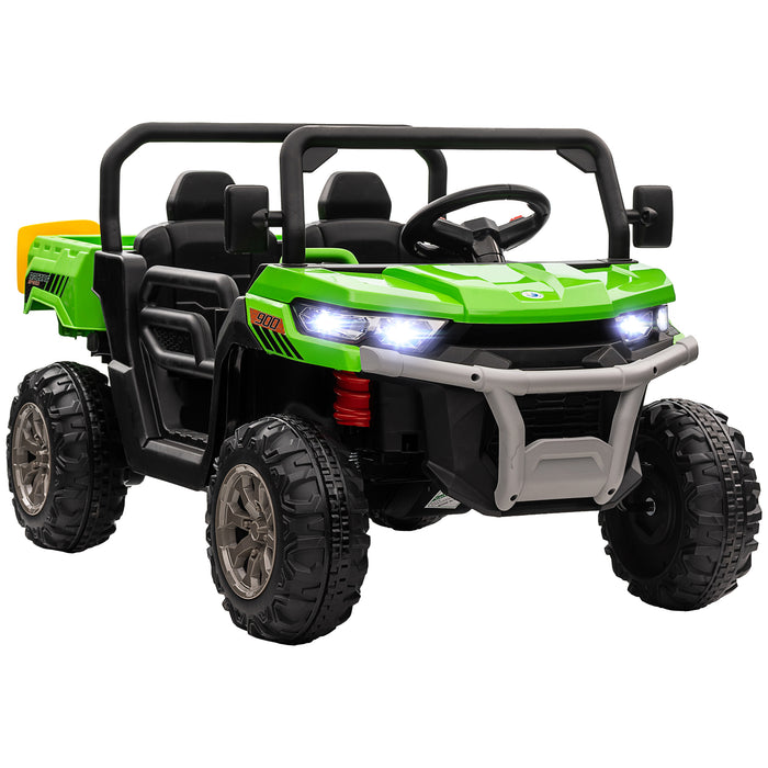 12V Dual-Seater Children's Ride-On Vehicle with Electric Lift Bucket - Interactive Remote-Controlled Car in Vibrant Green - Perfect for Imaginative Outdoor Play