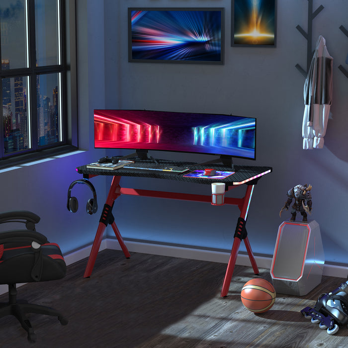 RGB LED Gaming Desk - Racing Style Workstation with Cup Holder and Cable Management - Ideal for Gamers and Streamers