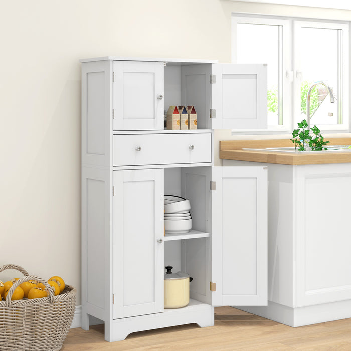 Modern Freestanding Kitchen Storage Cabinet - Elegant White Cupboard with Doors, Shelves & Drawer - Space-Saving Design for Kitchen Organization