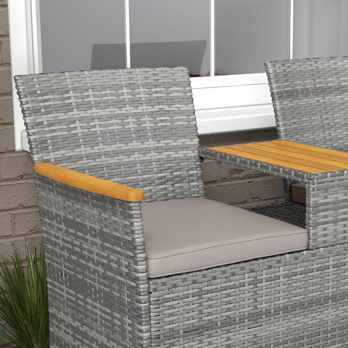 Rattan Two-Seater Loveseat with Integrated Wood-Top Table - Stylish Grey Outdoor Furniture - Perfect for Patio Conversation and Relaxation