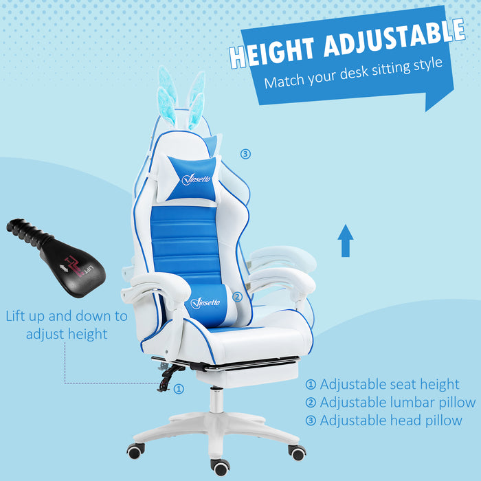 Racing Gaming Chair with Removable Rabbit Ears - Reclining PU Leather Computer Chair with Footrest & Lumbar Support, Vibrant Blue - Ideal for Gamers & Comfort-Seeking Professionals