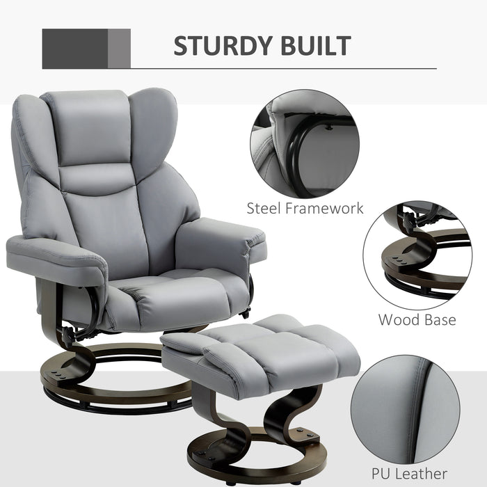 Faux Leather Swivel Recliner Chair with Matching Footstool - Adjustable Backrest, Upholstered Lounge Armchair - Comfortable Seating Solution for Living Room in Light Grey