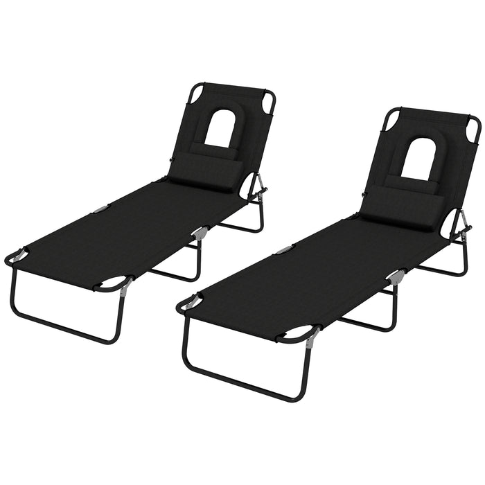 Foldable Reclining Lounger Duo with Reading Hole - Adjustable 4-Level Backrest, Pillow Included, Outdoor Sun Chairs - Perfect for Poolside Relaxation or Beach Days