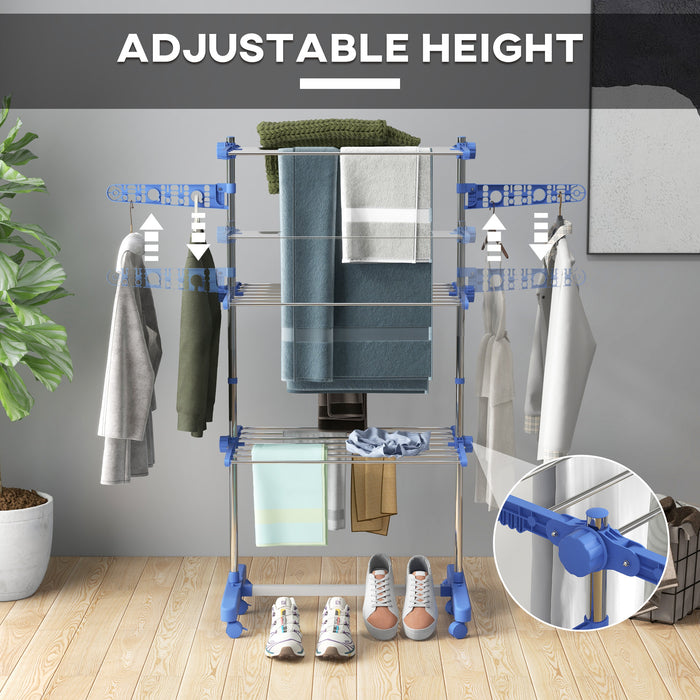 Foldable 3-Tier Stainless Steel Clothes Airer with Wheels - Indoor/Outdoor Drying Rack with Expandable Wings, Easy Assembly - Space-Saving Solution for Laundry Management, 142x55x152cm, Blue