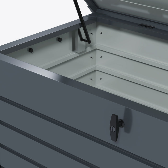 Waterproof 331L Outdoor Storage Box with Wheels and Handles - Lockable Galvanized Steel Deck Box, Dark Grey - Ideal Organizer for Garden Tools, Cushions, and Accessories