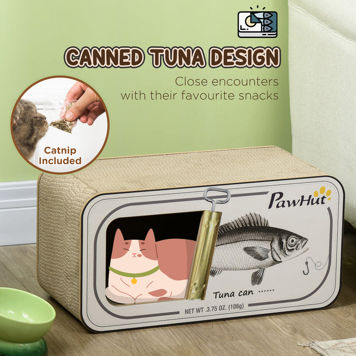 2-in-1 Scratcher and Playhouse - Cardboard Cat Scratching Board with Catnip in a Tuna Can Design - Perfect for Kitty Scratching and Lounging