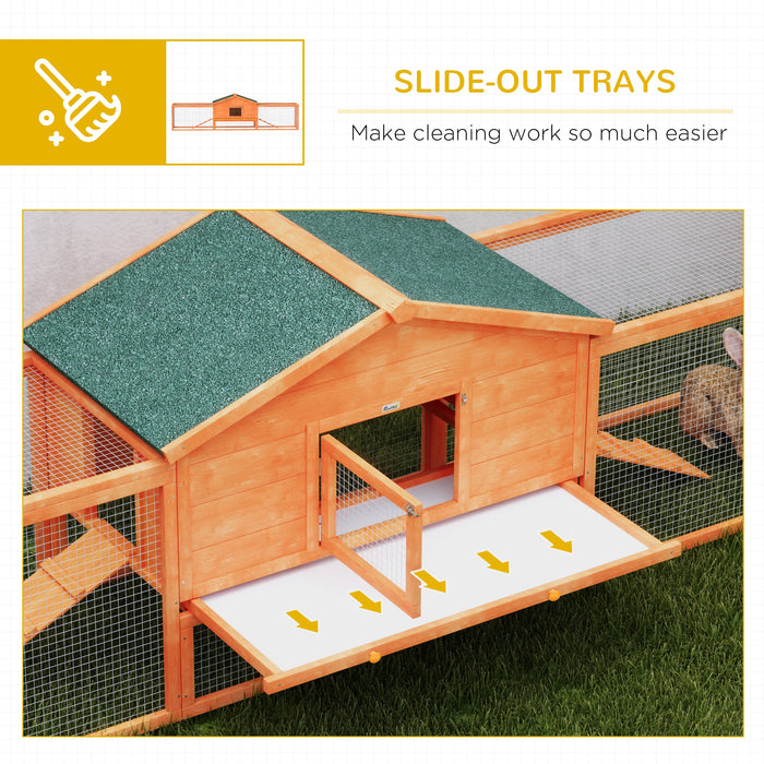 Outdoor Wooden Rabbit Hutch with Spacious Run - Includes Tray, Ramps, and Durable Asphalt Roof - Ideal for Pet Rabbits and Small Animals, 309x70x87cm, Orange Color