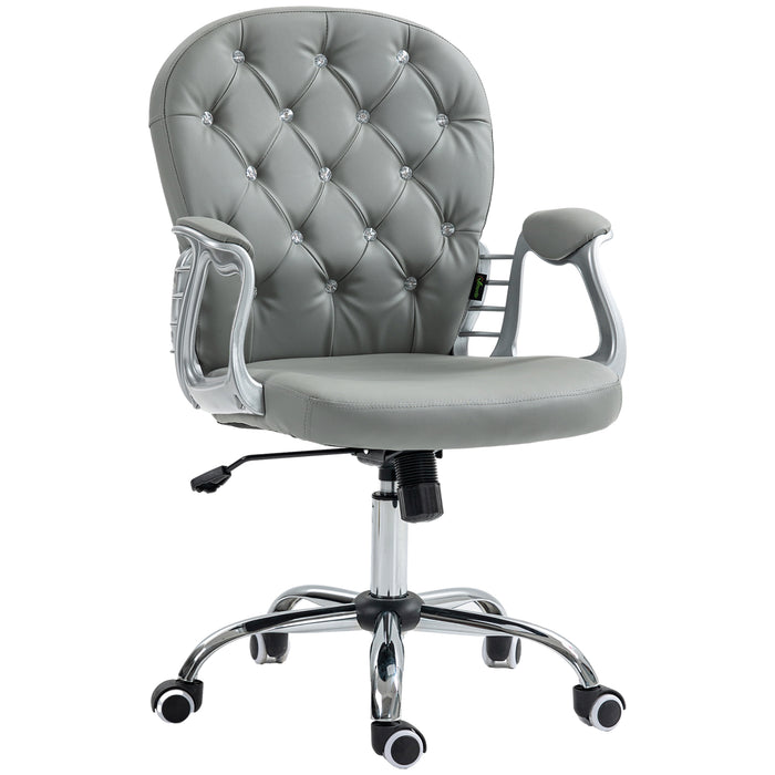 Ergonomic 360° Swivel Office Chair - PU Leather with Diamante Detailing & Padded Base, 5 Castor Wheels - Comfortable Seating Solution for Home and Office Workers, Grey