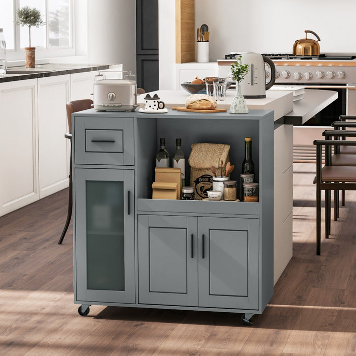 Kitchen Central Island Trolley - Rolling Design with Storage Drawer and Glass Door Cabinet - Ideal for Simplified Cooking and Storage Solutions