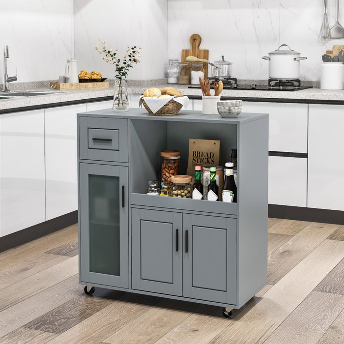 Kitchen Central Island Trolley - Rolling Design with Storage Drawer and Glass Door Cabinet - Ideal for Simplified Cooking and Storage Solutions