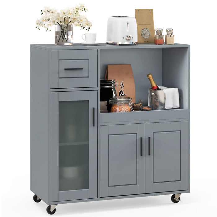 Kitchen Central Island Trolley - Rolling Design with Storage Drawer and Glass Door Cabinet - Ideal for Simplified Cooking and Storage Solutions