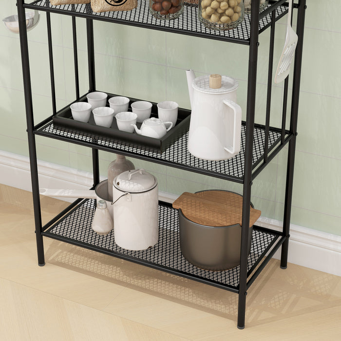 5-Tier Kitchen Storage Rack - Microwave Stand with Open Mesh Shelves & Bonus Hooks - Versatile Coffee Bar Station for Living Room, Steel Frame, Black