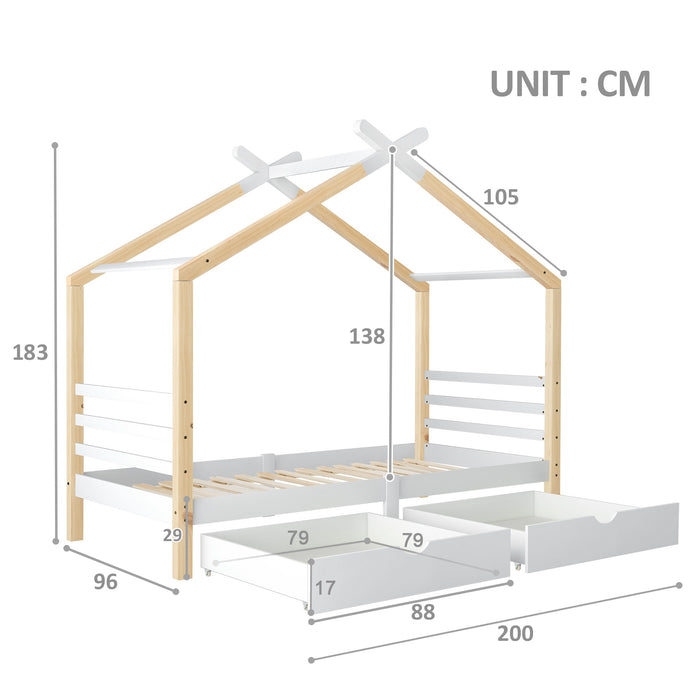 House Tree Canopy Single Bed - Solid Pine & MDF Frame with Guard Rails and Storage Drawers - Kids Bedroom Furniture with Playful Design, 200x96x183 cm, Natural Finish