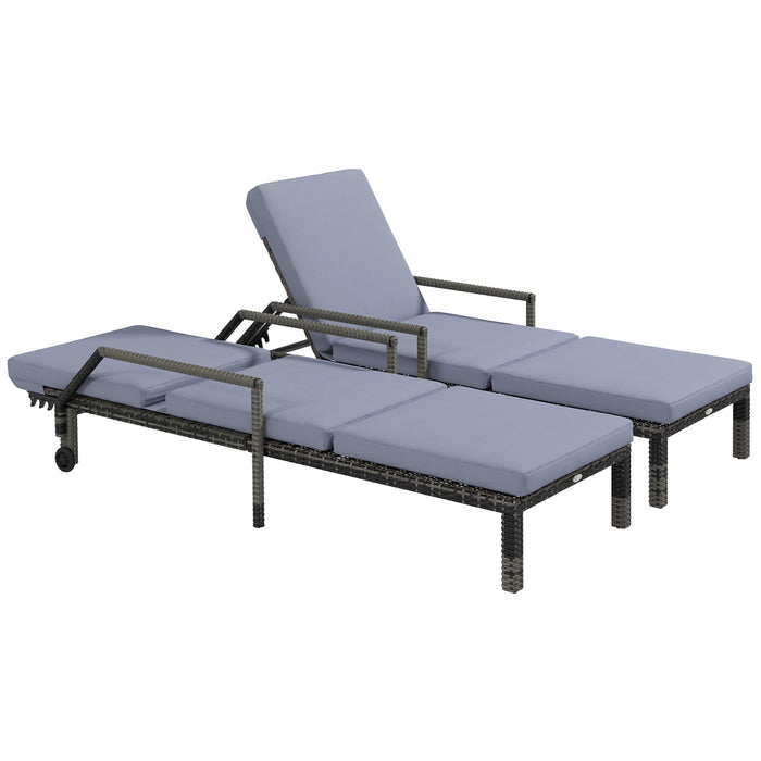 Outdoor Rattan Sun Lounger Duo - Adjustable Wicker Chaise Recliner Chairs, 5 Positions, Wheels - Patio Relaxation and Comfort in Dark Grey