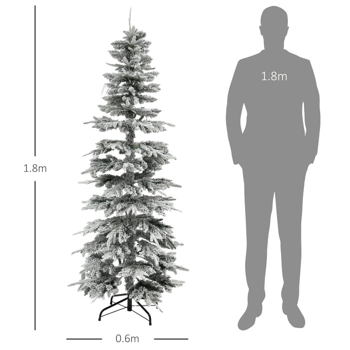 6ft Pencil Artificial Christmas Tree - Snow-Flocked, 600-Tipped, Downswept Branch Design - Auto-Open with Sturdy Steel Base for Holiday Home and Office Decor