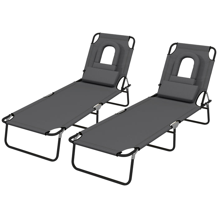 Foldable Sun Lounger Duo Pack - 4-Position Adjustable Reclining Chair with Pillow & Reading Hole, Dark Grey - Perfect for Patio Relaxation & Sunbathing