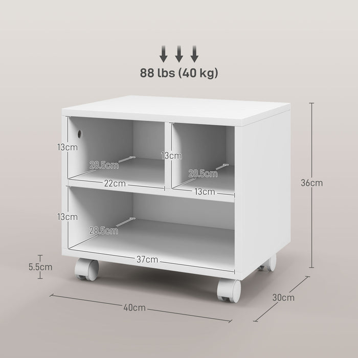 Under Desk 2-Tier Printer Stand with 3 Storage Compartments - Mobile Printer Cart on Wheels - Space-Saving Printer Table for Home Office, White