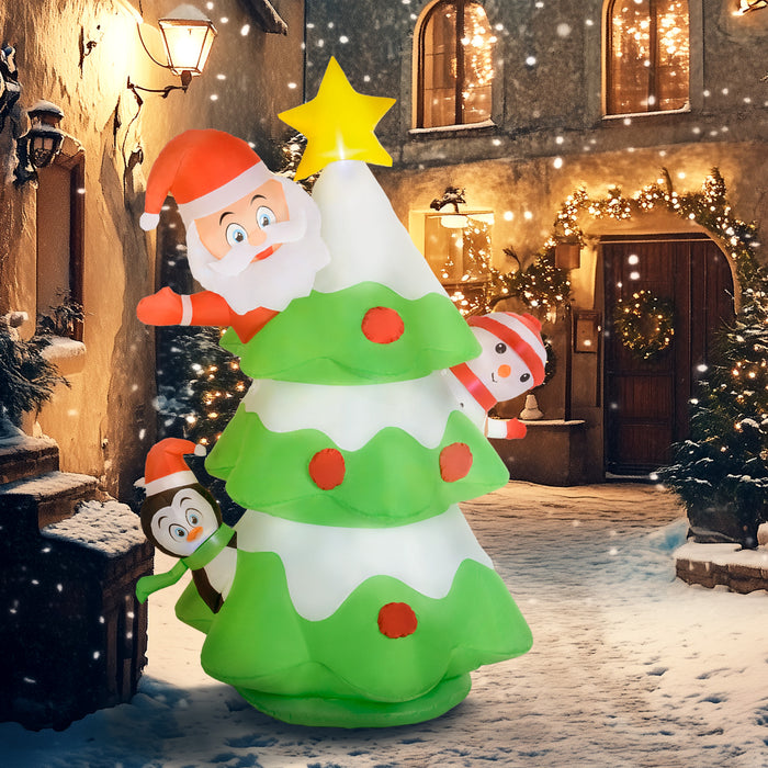 Outsunny 8FT Christmas Inflatable Christmas Tree with Santa Claus, Snowman and Penguin Behind, Christmas Blow Up Outdoor LED Display for Garden Party