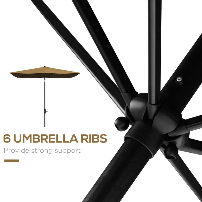 Rectangular Garden Parasol Umbrella 2 x 3m - Brown Aluminum Outdoor Market Sun Shade with Crank, Push Button Tilt, 6 Ribs - Ideal for Patio, Deck, Poolside Relaxation