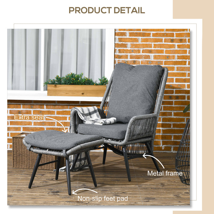 Outdoor PE Rattan Recliner Set - 2-Piece Patio Lounge Chair with Adjustable Backrest and Footrest, Grey Cushions - Comfortable Seating for Garden and Poolside Relaxation