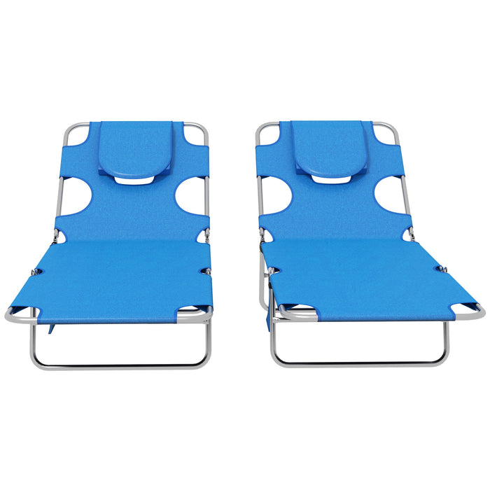 Portable Folding Sun Lounger Set of 2 - Adjustable Backrest, Reading Hole, Side Pocket, Headrest Pillow - Ideal for Outdoor Relaxation and Sunbathing