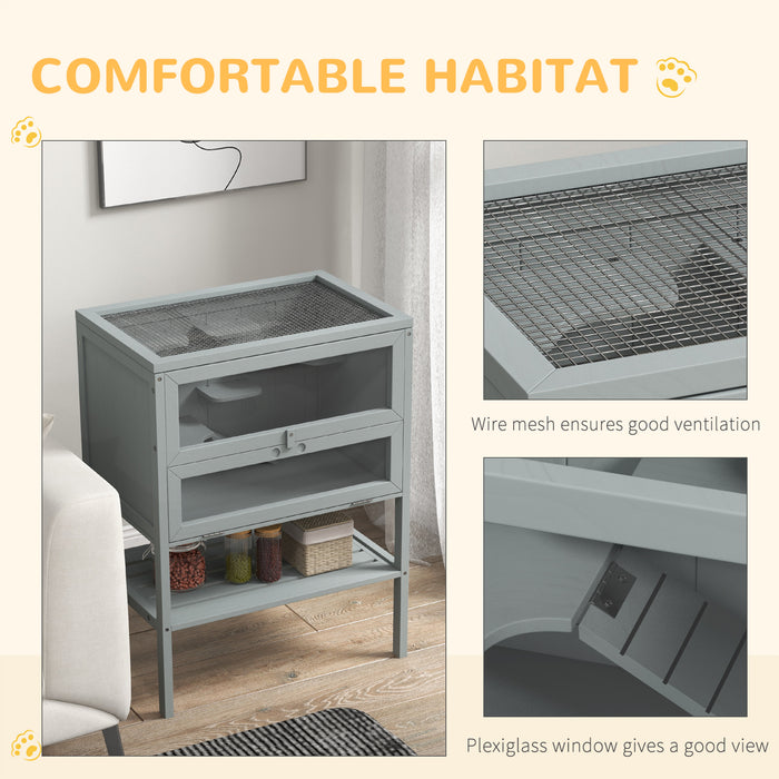 3-Tier Wooden Hamster House with Storage Shelf - Open-Top Design for Easy Access, Grey Finish - Ideal Habitat for Gerbils and Small Rodents