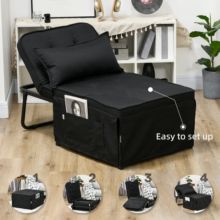 Folding Sleeper Chair with Adjustable Backrest - Convertible Chair Bed with Pillow and Side Pockets, Black - Ideal for Small Spaces and Guest Rooms