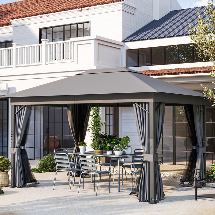 Aluminium Frame Patio Gazebo Canopy 4x3m - Vented Roof with Netting and Curtains in Grey - Ideal Outdoor Shelter for Garden and Deck Entertainment