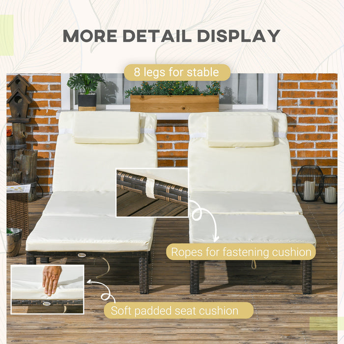 Rattan Sun Lounger Duo with 5-Position Backrest - Wicker Patio Recliners with Cushions and Headrests - Ideal for Outdoor Relaxation and Garden Comfort, Cream White