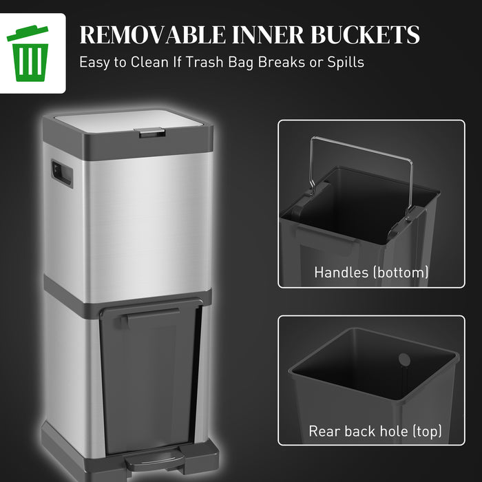 Dual Compartment Kitchen Trash Can - 20+14L Recycling and Waste Stainless Steel Bin, Vertical Pedal Operation with Tilt-Out Design - Soft-Close Lid, Detachable Inner Buckets, Easy Carry Handles for Home Use