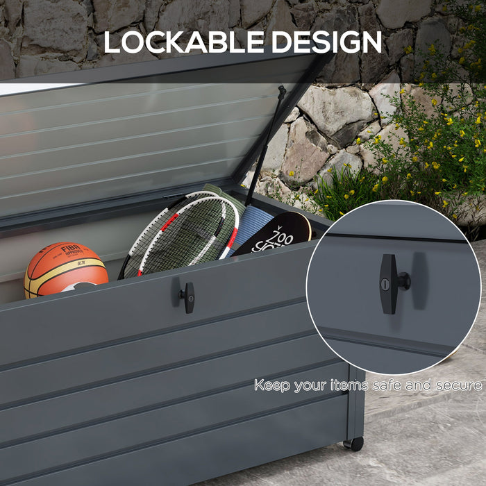 Waterproof 331L Outdoor Storage Box with Wheels and Handles - Lockable Galvanized Steel Deck Box, Dark Grey - Ideal Organizer for Garden Tools, Cushions, and Accessories