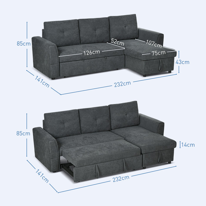 L-Shaped 3-Seater Sofa Bed - Convertible Corner Settee with Pull-Out Sleeper and Storage - Ideal for Living Room or Office Space in Dark Grey