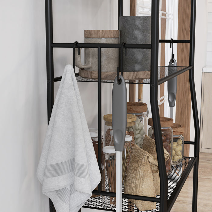 5-Tier Kitchen Storage Rack - Microwave Stand with Open Mesh Shelves & Bonus Hooks - Versatile Coffee Bar Station for Living Room, Steel Frame, Black