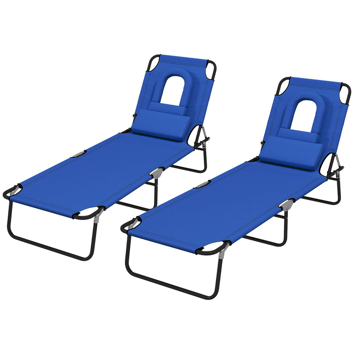 Outdoor Reclining Sun Lounger Chairs, Set of2 with 4-Level Adjustable Backrest and Reading Hole - Comfortable Patio Furniture with Pillows, Blue - Ideal for Poolside Relaxation and Sunbathing