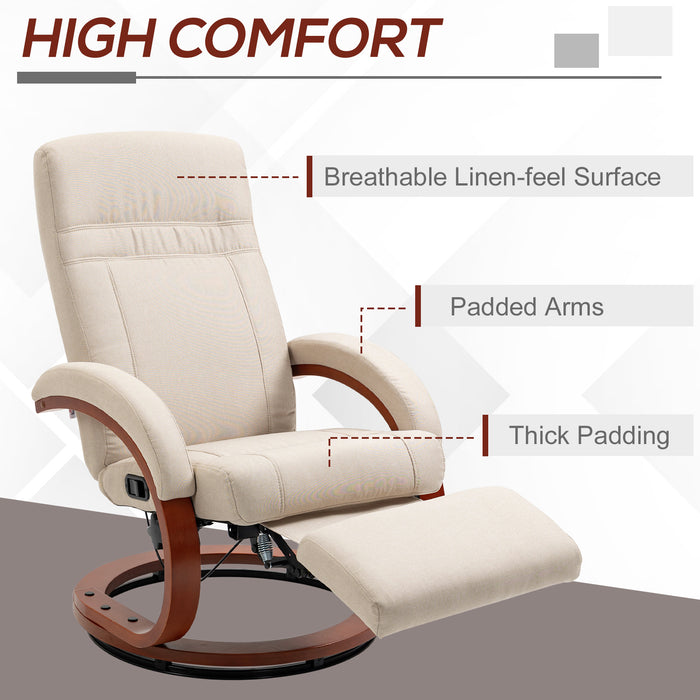 Swivel Recliner Chair with Wood Base - Extended Footrest, Manual Recline for Comfort, Beige - Ideal for Living Room or Bedroom Relaxation