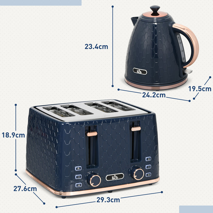 Blue Kitchen Appliance Combo - 1.7L Rapid Boil Electric Kettle & 4 Slice Toaster with Variable Browning - Auto Shut-Off & Easy Clean Crumb Tray