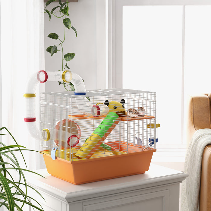 Trio-Tier Gerbil Haven - Spacious Hamster Cage with Fun Tubes and Exercise Wheel, Includes Ladder and Top Handle - Ideal Pet Home for Small Rodents, 45x28x37 cm, Vibrant Orange