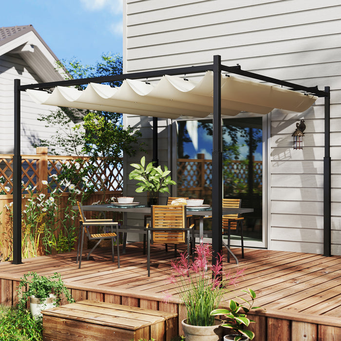 Outsunny 3 x 3(m) Garden Pergola with Retractable Roof and Magnetic Fixture, Outdoor Pergola Kit Sun Shade Canopy, UPF30+, 80mm Metal Column, Cream White