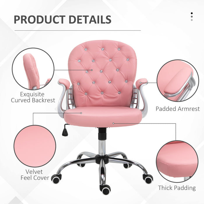 Ergonomic 360° Swivel Office Chair with PU Leather - Diamante Padded Base & 5 Castor Wheels in Pink - Perfect for Home Office Comfort