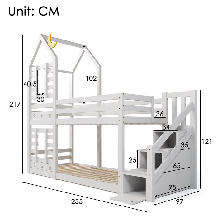 Solid Pine Wood Twin Sleeper with Storage - Cabin Bunk Bed with Built-in Staircase, Cupboards, and Underbed Drawers, 235x97x217 cm in White - Ideal Space Saver for Kids' Bedroom