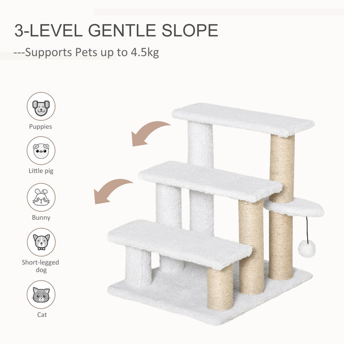 3-Step Pet Staircase with Scratching Posts and Play Platforms - Climbing Ladder with Toy Ball for Interactive Play - Perfect for Aging Cats and Kittens, White