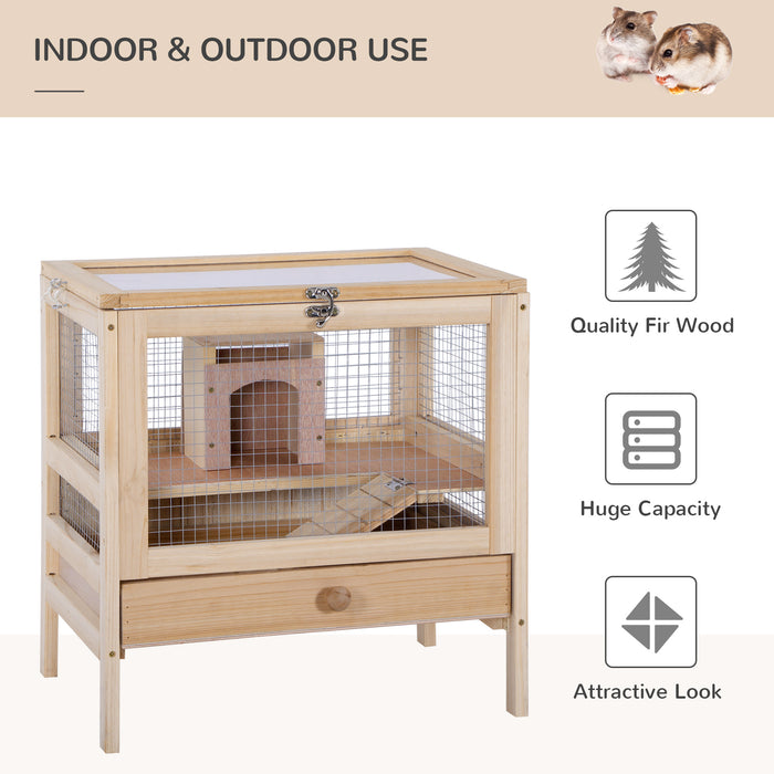 Large Wooden Double-Layer Hamster Cage - Rodent Mouse Small Animal Home with Easy Clean Hut Box - Spacious 46x34x48cm Living Space for Pet Comfort