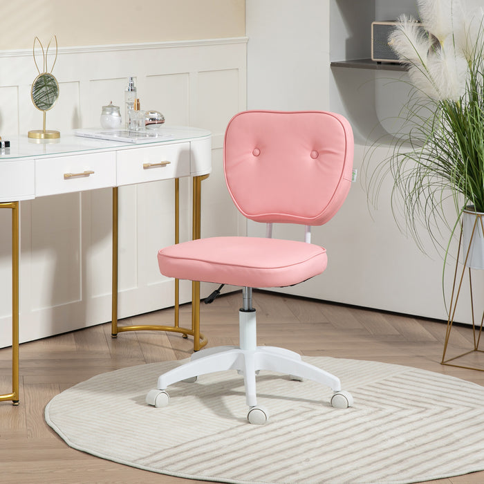 Vanity Office Chair - PU Leather Armless Computer Chair with Adjustable Height and Swivel Wheels - Perfect for Home Office Comfort in Pink