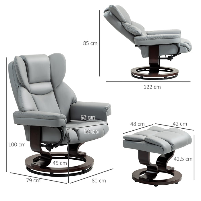 Faux Leather Swivel Recliner Chair with Matching Footstool - Adjustable Backrest, Upholstered Lounge Armchair - Comfortable Seating Solution for Living Room in Light Grey