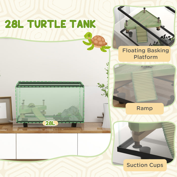 28L Glass Turtle Tank with Basking Area - Easy Drain System & Built-In Thermometer - Ideal Habitat for Aquatic Reptiles