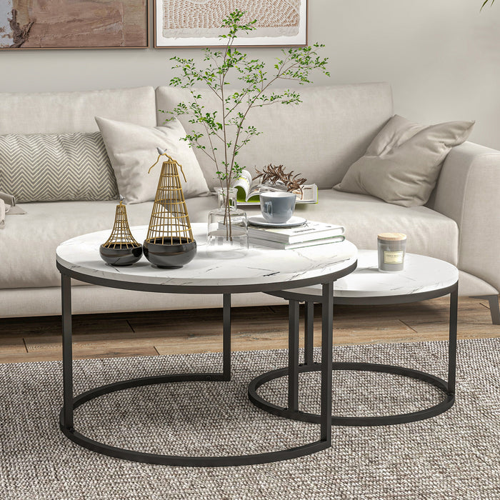 Industrial Nesting Coffee Table Set - Round Faux Marble Top with Sturdy Steel Frame - Ideal for Living Room Space Optimization