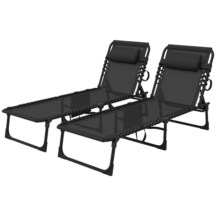 Folding Reclining Sun Loungers, Set of 2 - 5-Position Adjustable Patio Chairs with Side Pocket & Pillow - Ideal for Garden, Beach, and Pool Relaxation, Black