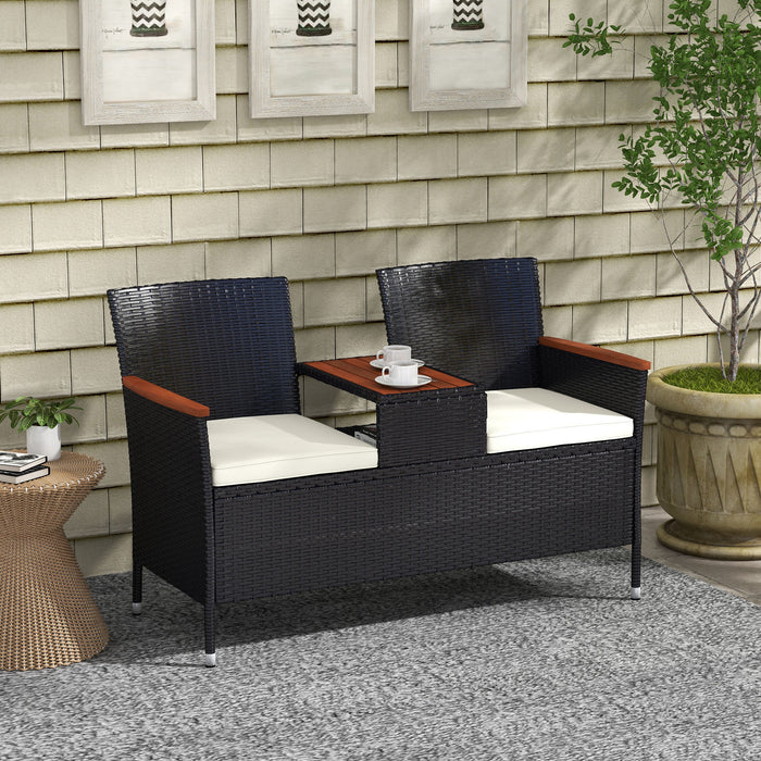 Rattan Two-Seater Loveseat with Integrated Wood-Top Table - Elegant Black Finish - Perfect for Couples or Small Patios