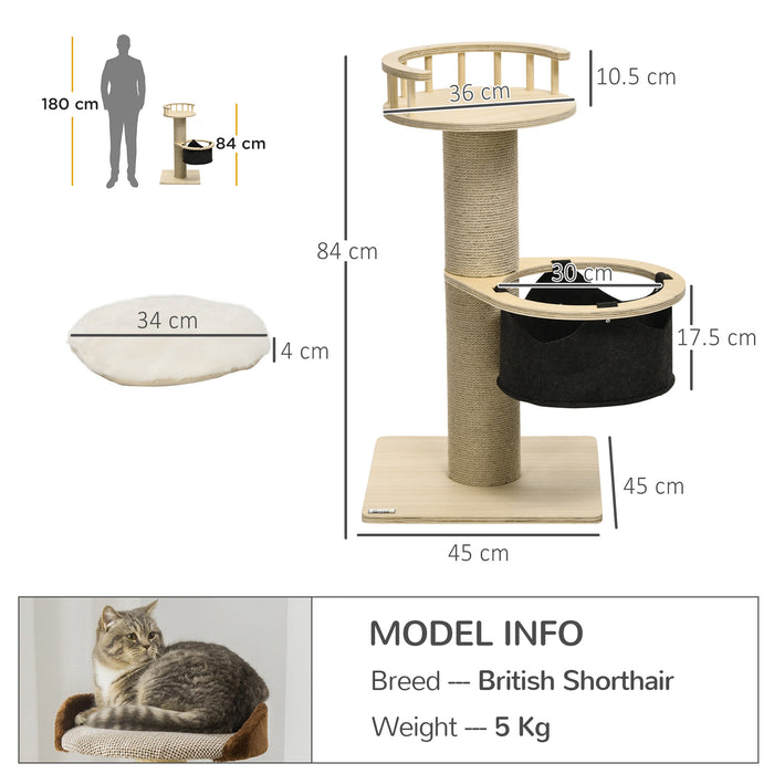 84cm Cozy Perch Cat Tree - Kitty Activity Center with Hammock, Cushioned Bed, and Jute Scratching Post - Ideal for Sleep and Play