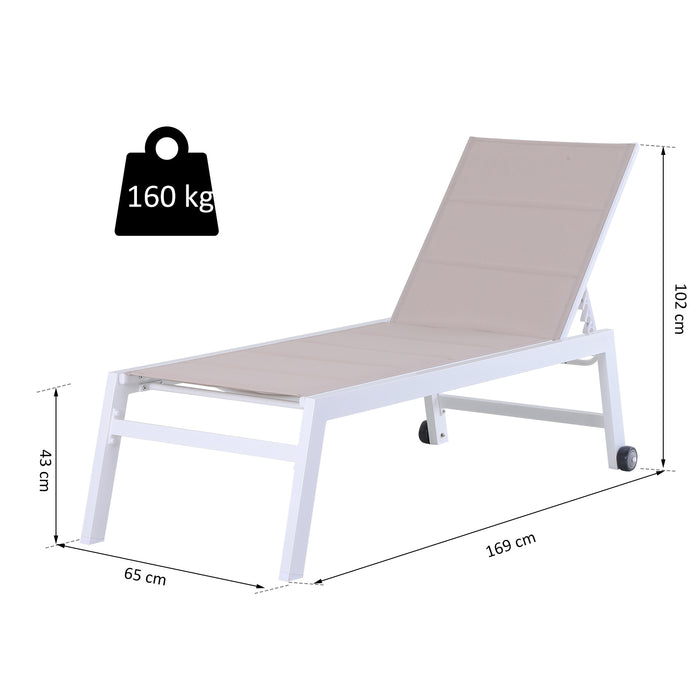 Aluminium Garden Sun Lounger with Padded Cushion - Adjustable Backrest Chaise Lounge & Rolling Wheels, Texteline Fabric - Cozy Outdoor Reclining Chair for Patio Relaxation & Sunbathing